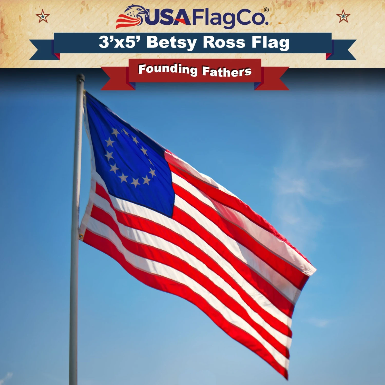 Traditional Betsy Ross Flag (3x5 Foot) Embroidered Stars & Sewn Stripes - Image 8