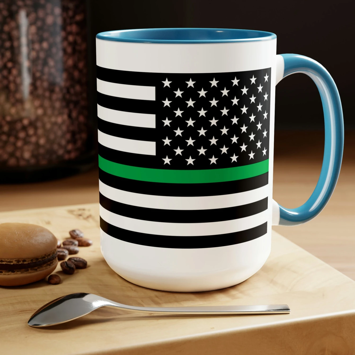 Two-Tone Thin Green Line Flag Coffee Mugs, 15oz - Image 9