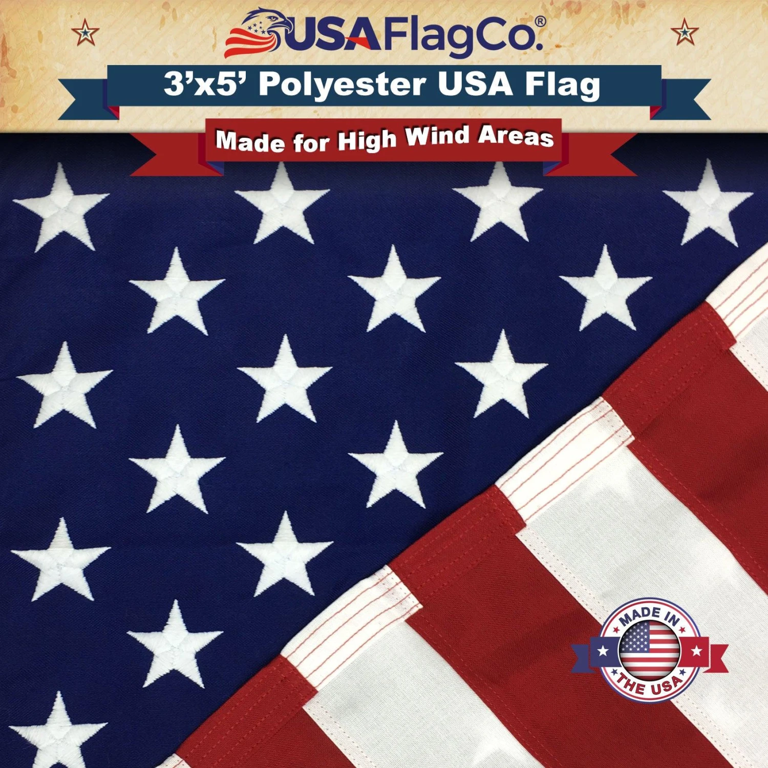 Polyester US Flag (3x5 Foot) Embroidered Stars & Sewn Stripes