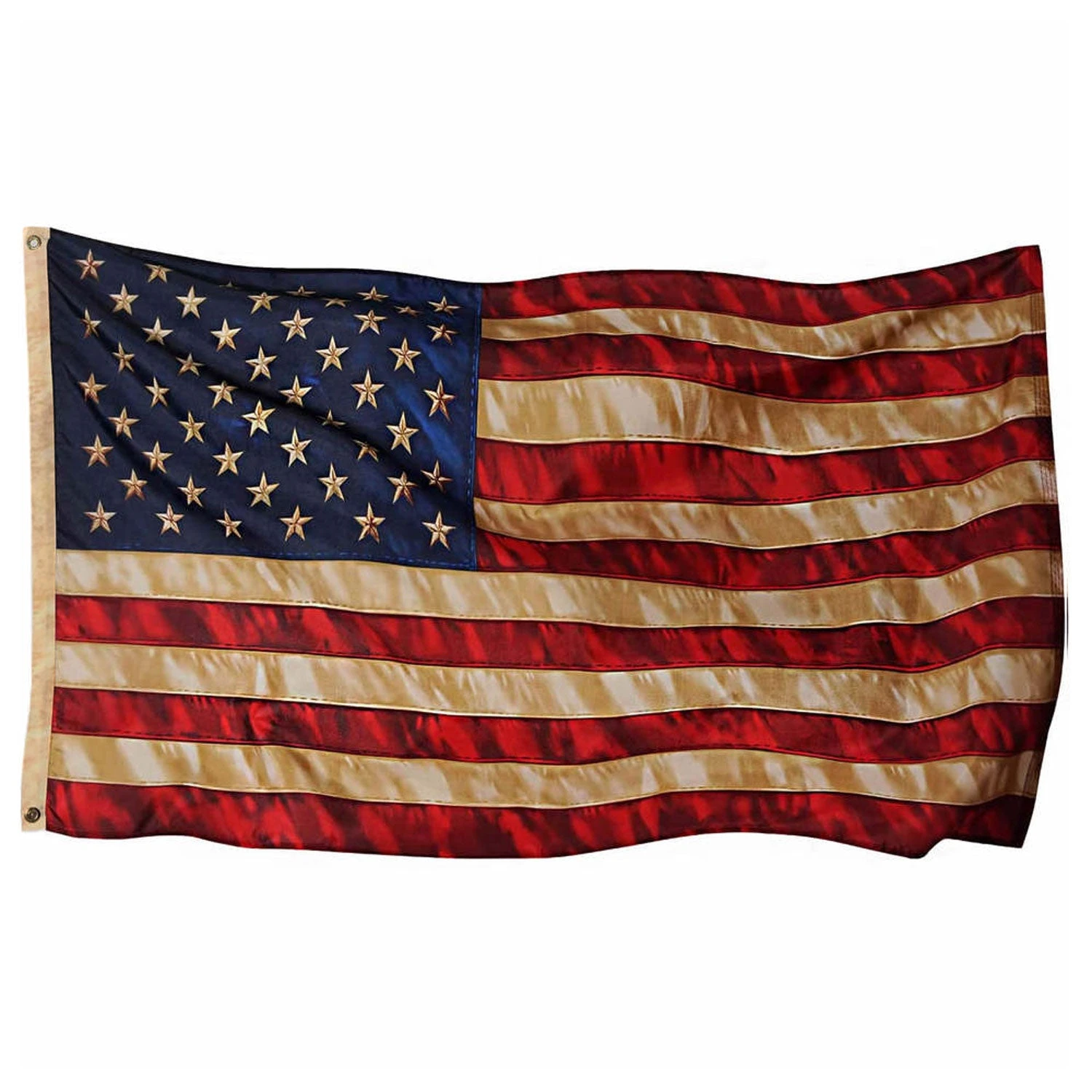 Tea Stained American Flag (3x5 Foot) Embroidered Stars & Sewn Stripes